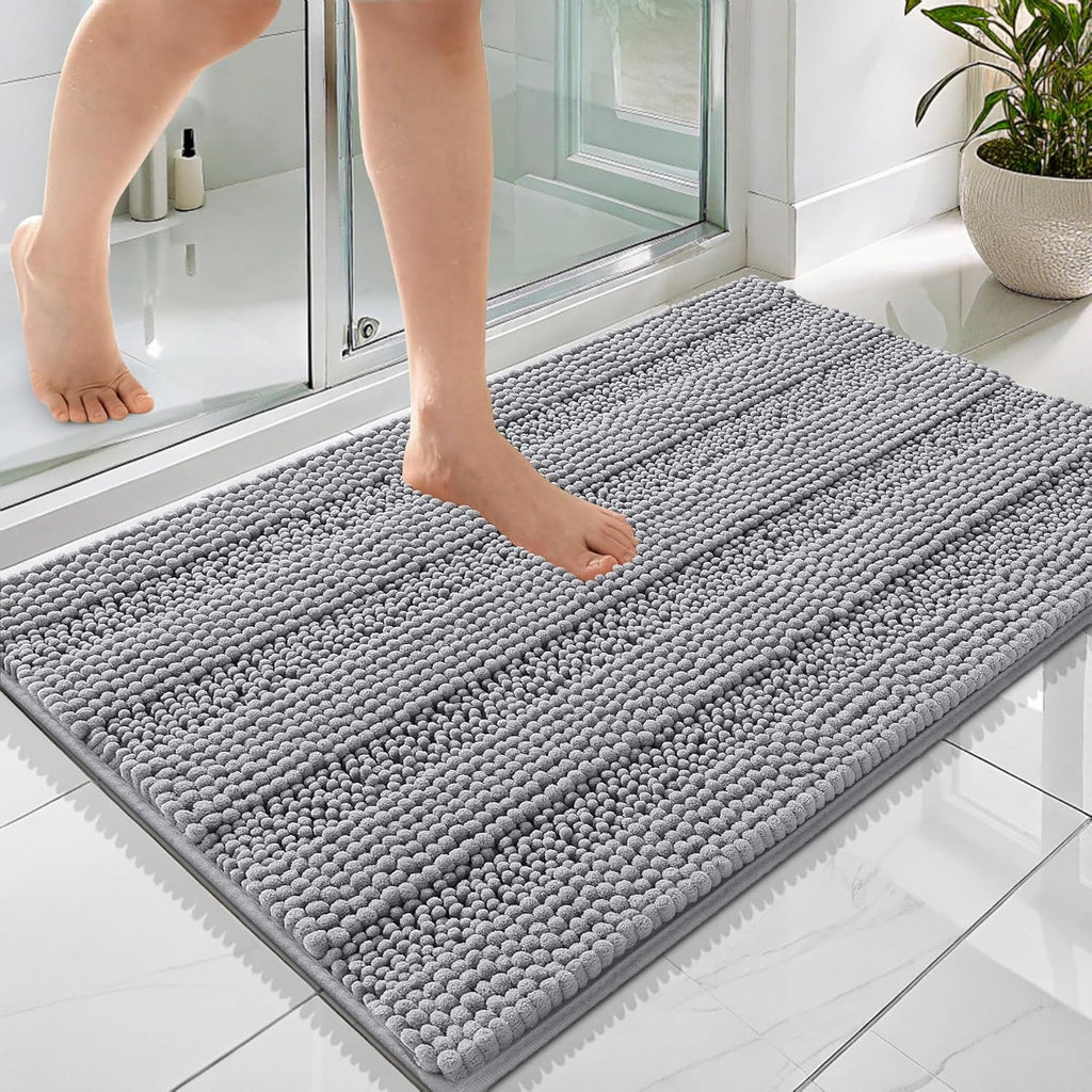 Thick Bathroom Rugs 36x24, Soft Chenille Striped Bath Rugs, Grey | Rubber Backing, Machine Wash, Extra Absorbent Bath