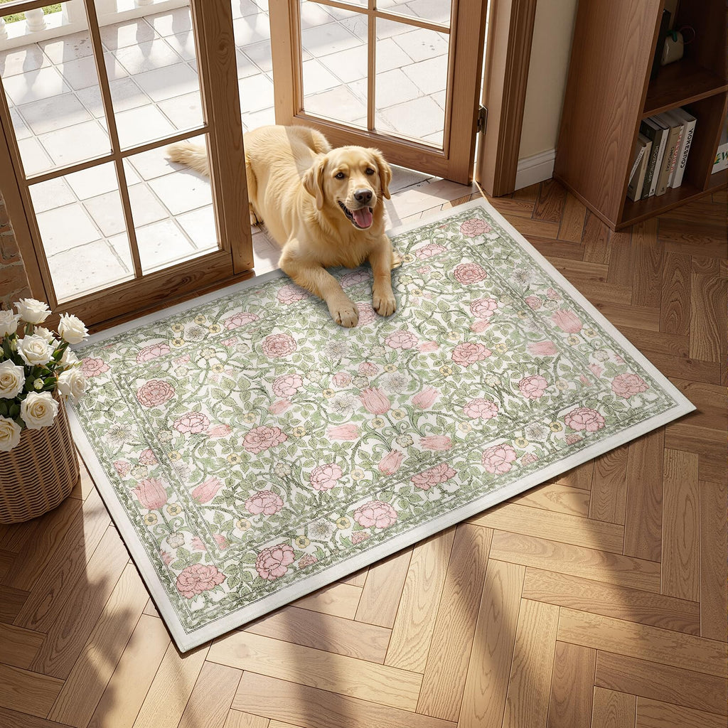 Pink Green Beige Floral 2.5x8 Runner Rug Hallways