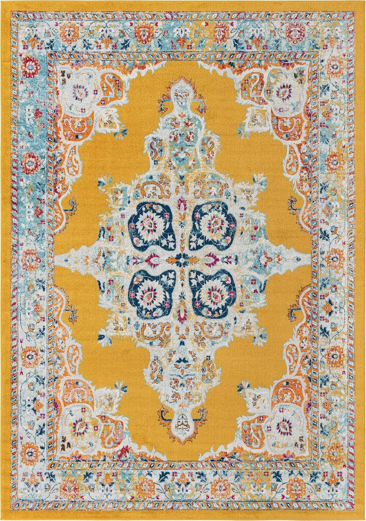 Parker Rug - 10' x 14' Yellow Easy-Clean Rug - Vintage Medallion Style