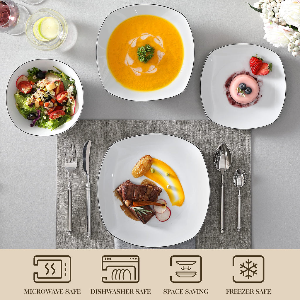 Dinnerware Sets, 24 Piece Porcelain Square Dishes, White with Black Rim Plates and Bowls Sets, Ceramic Dish Set for