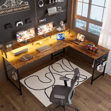 64 Inch L Shaped Gaming Desk with Monitor Stand and Power Outlets | Large Corner Computer Desk With Pegboard & Led