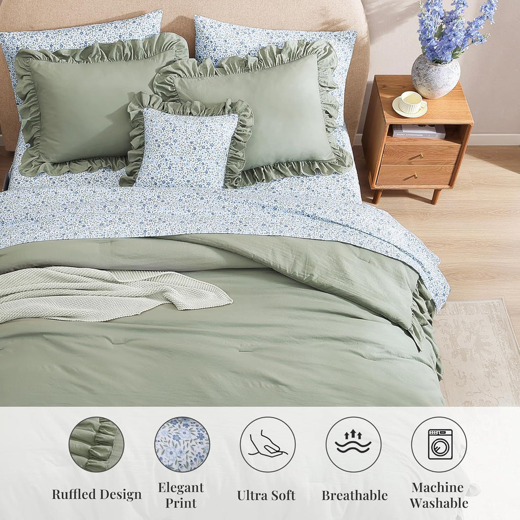 Queen Comforter Set - 7 Pieces Ruffle Sage Green Bedding Sets