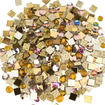 1000g 20MM Golden Mirror Glass Tiles for DIY Mosaic, Assorted Textured Square Tiles and Faceted Glass Gems in