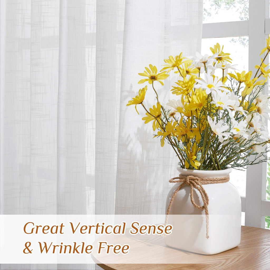 White Faux Linen Sliding Door Curtains 90 inches Long, Rod Pocket & Back Tab Semi Sheer Window Treatments Privacy