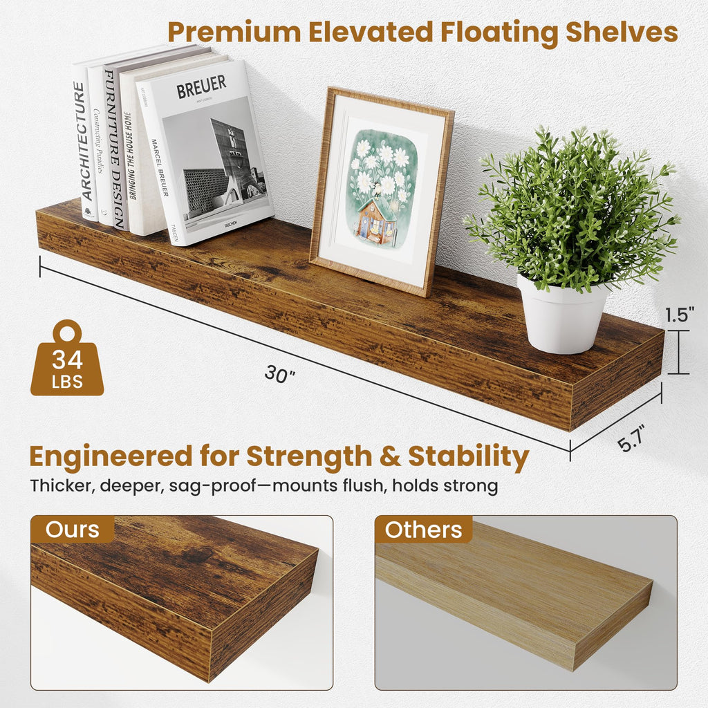 Floating Shelves 30 Inch, Wall Mounted Wood Shelf Set of 2, Farmhouse Decor, Rustic Brown