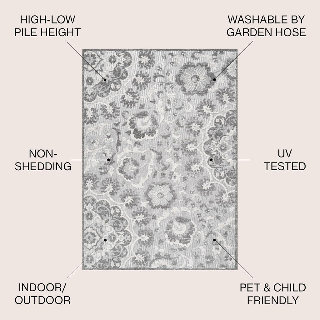 Medallion High-Low Indoor Outdoor Area Rug Light Gray/Ivory, Lucena Modern for Backyard, Patio, Porch