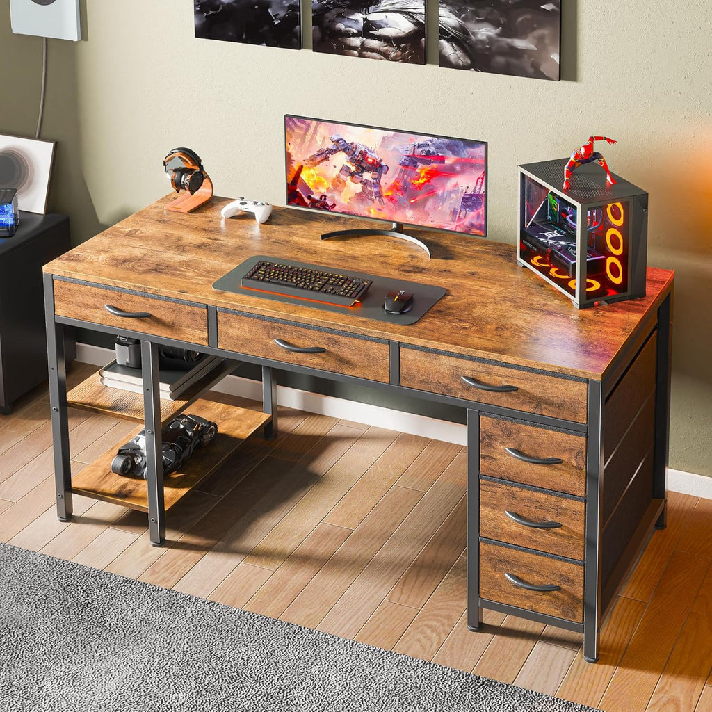Computer Desk with 6 Drawers, Office Desk with Shelves, Reversible Gaming Desk, Corner Desk with Storage, Work, Study