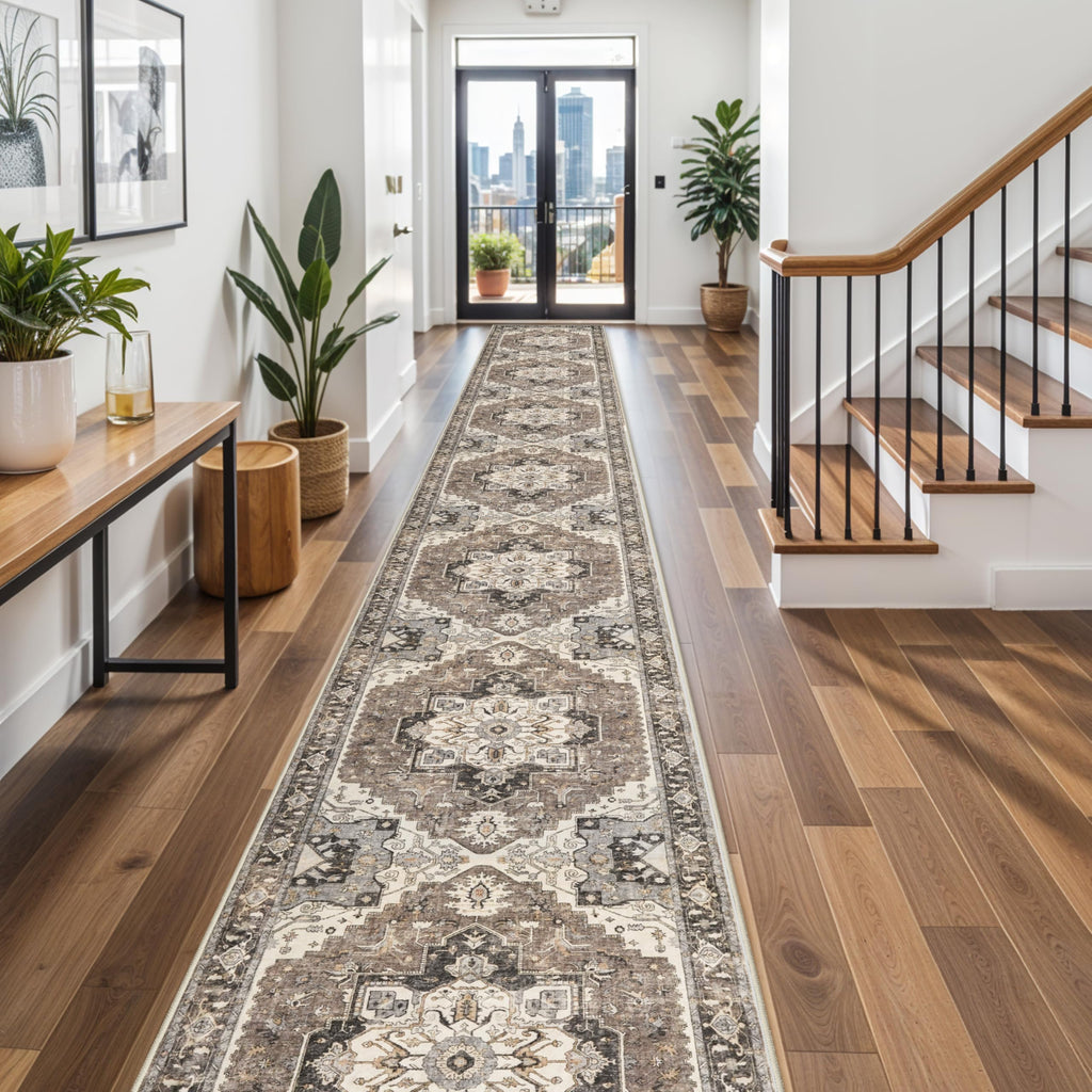 Washable Long Hallway Runner - Non-Slip Stain Resistant Kitchen Rug Distressed Mats Low Plie Soft Ultra Thin