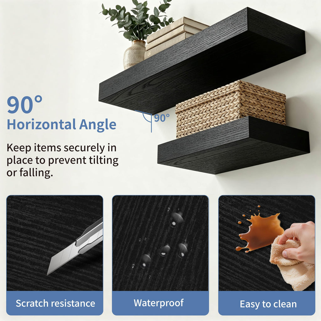 Black Floating Shelves, 12 Inch Wooden Shelf Set of 2