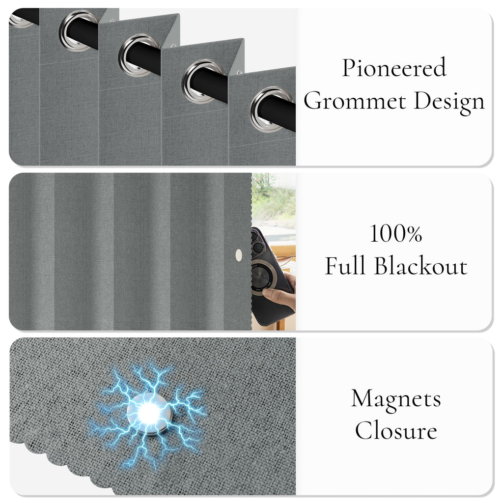 Full Blackout Memory Trained Pleated Curtains with Magnetic Closure, Flax Linen Textured Thermal Insulated Drapes, 1