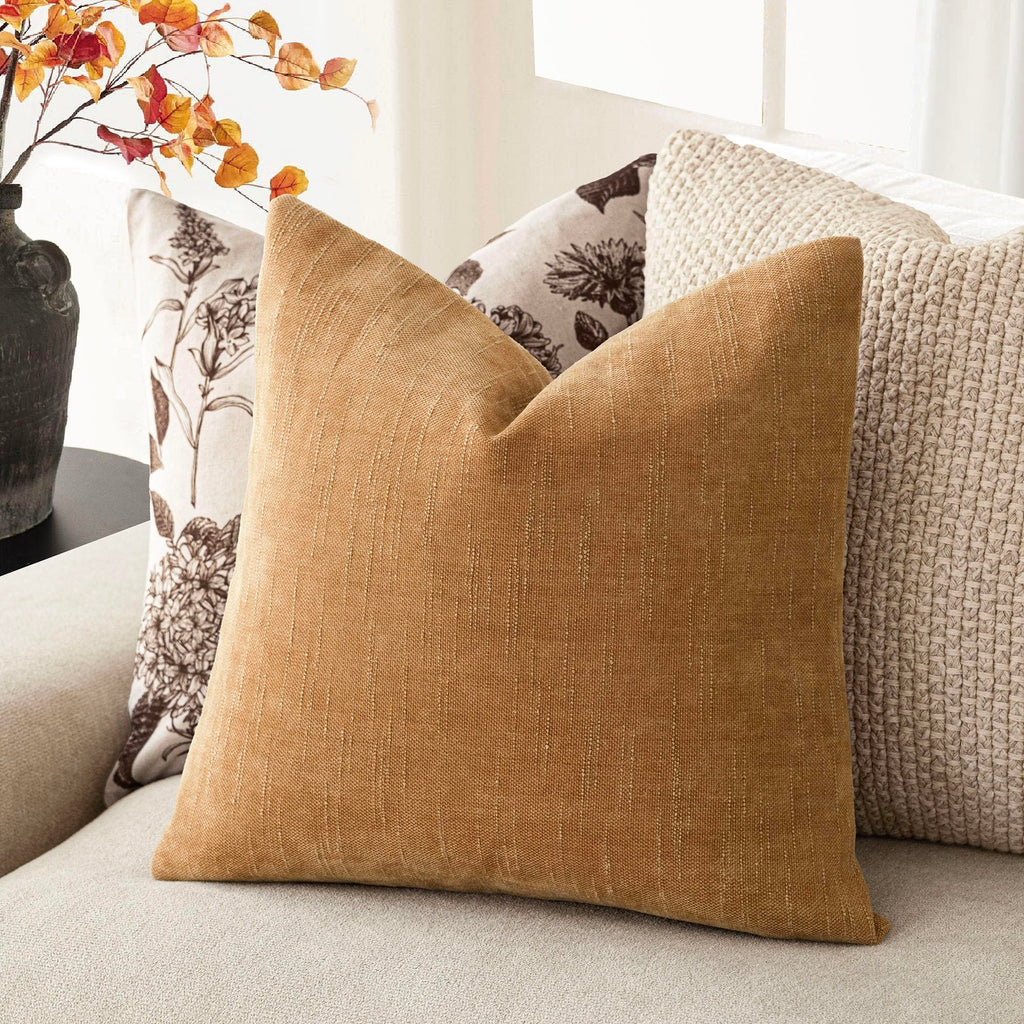 Solid Textured Chenille Throw Pillow Covers 22x22, Golden Brown