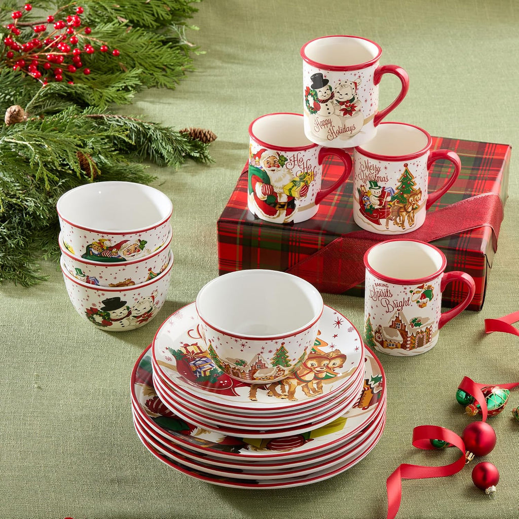 Santa's Retro Christmas 16 pc Dinnerware Set, Service for Holiday Plates, Bowls & Mugs with Vintage Santa