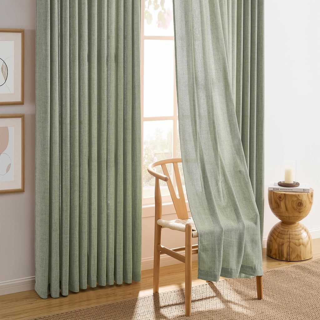 102 Inch Long Curtains Pinch Pleat, Back Tab Sheer Pleated Curtains Dining Room, 102 Length 2 Panel Set, Sage Green