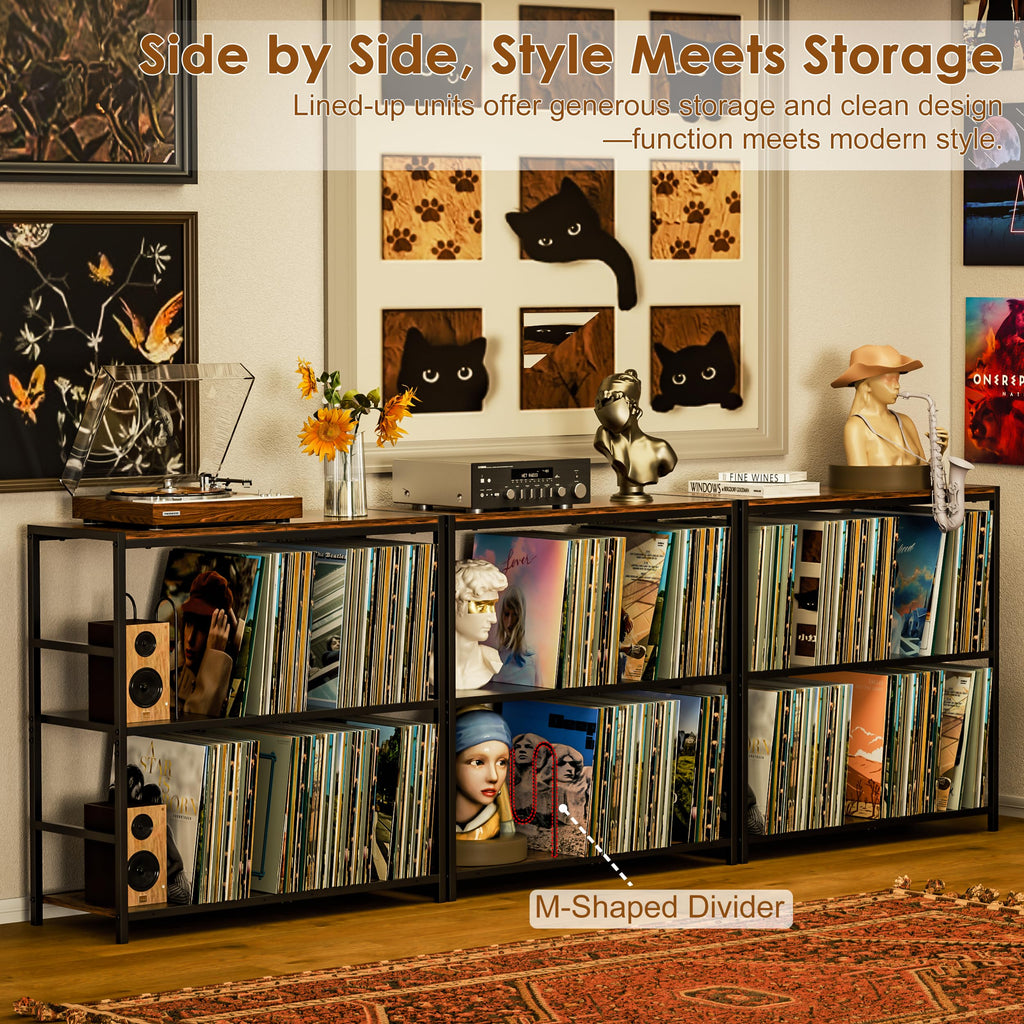 Record Player Stand with 4 Adjustable Dividers, Vinyl Record Storage Up to 300+ Albums, 3-Tier Vinyl Storage Holder