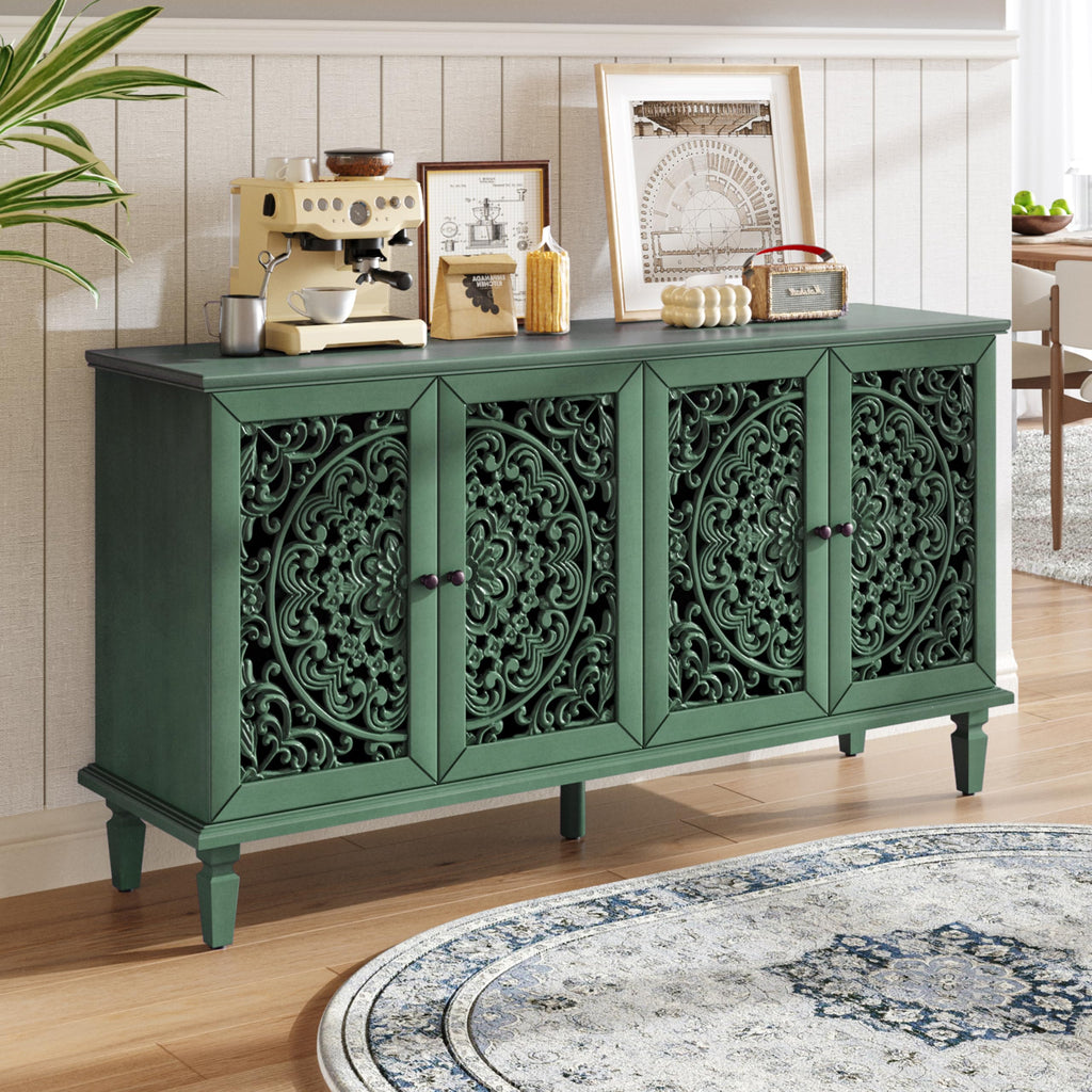 Vintage Sideboard with Hollow Carving Doors 60" Green Credenza
