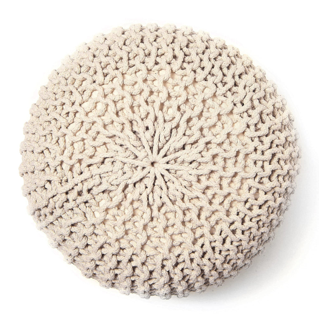 Round Pouf Ottoman - Hand Knitted Boho Poof Footrest - Ivory