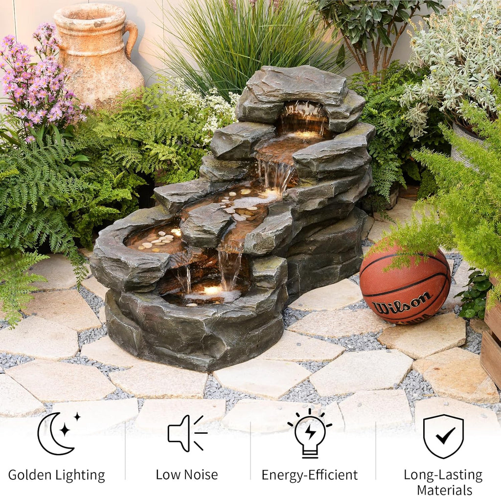 37" L Garden Outdoor Water Fountain, Floor Standing 5-Tiers Rock Natural Waterfall Outdoor Fountains with LED Lights