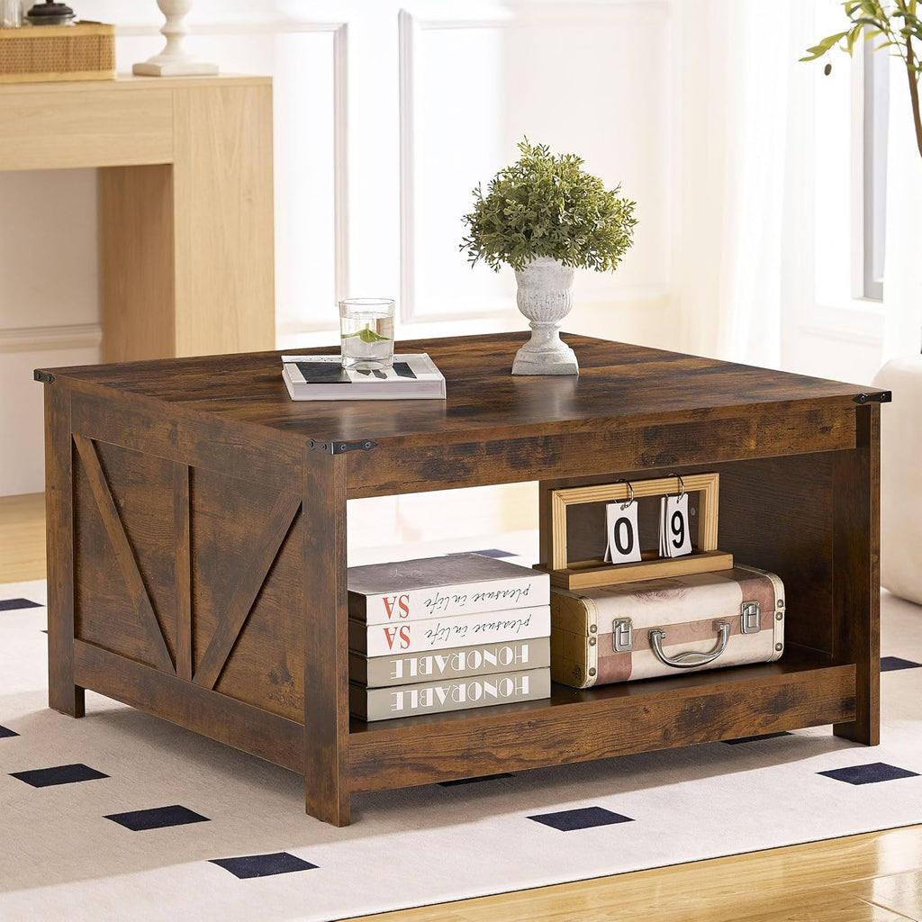 Farmhouse Coffee Table, Wood Square Coffee Tables, 31.5" D x 31.5" W, Rustic Brown
