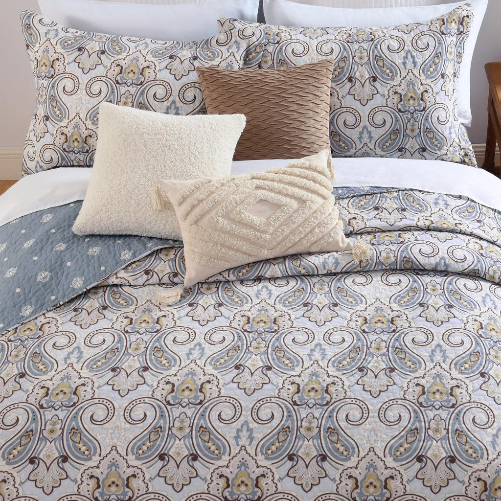 Paisley Quilt Set - 100% Cotton Bedding Blue/Gray/Taupe 3Pcs