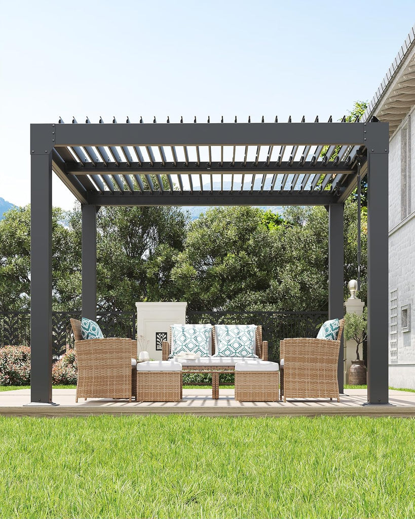 Louvered Pergola 10 ft x10', Outdoor Pergola with Adjustable Louvered Roof, Reinforced Aluminum Frame, Integrated Drainage System, Hardtop Gazebo for Patio, Deck, Gray