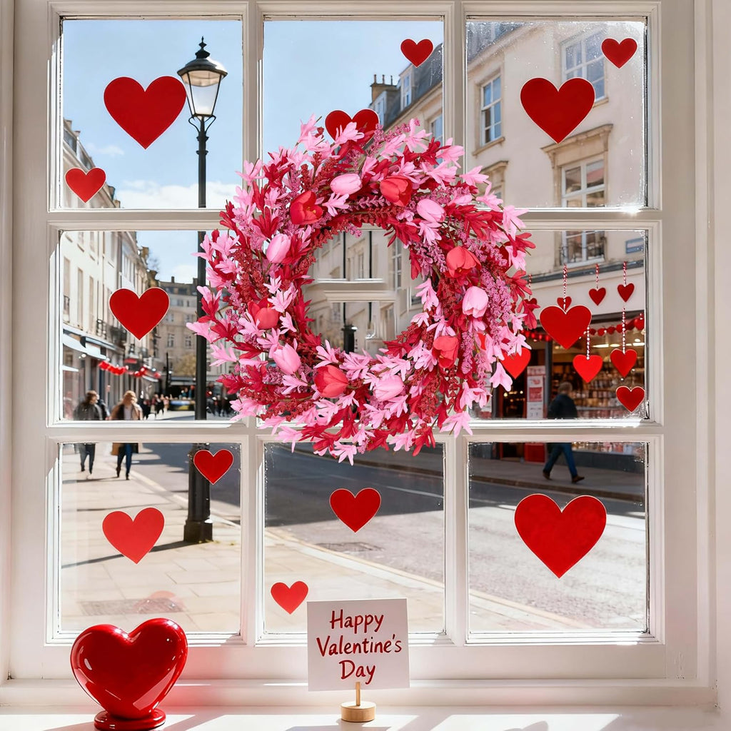 Valentines Day Decorations 22 Inch Valentine's Day Wreath Pink Flower Wreaths for Front Door with Red Tulip Pink