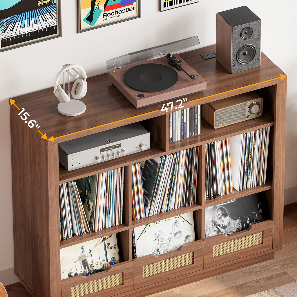 3-Tier Record Player Stand with Charging Station, Vinyl Storage