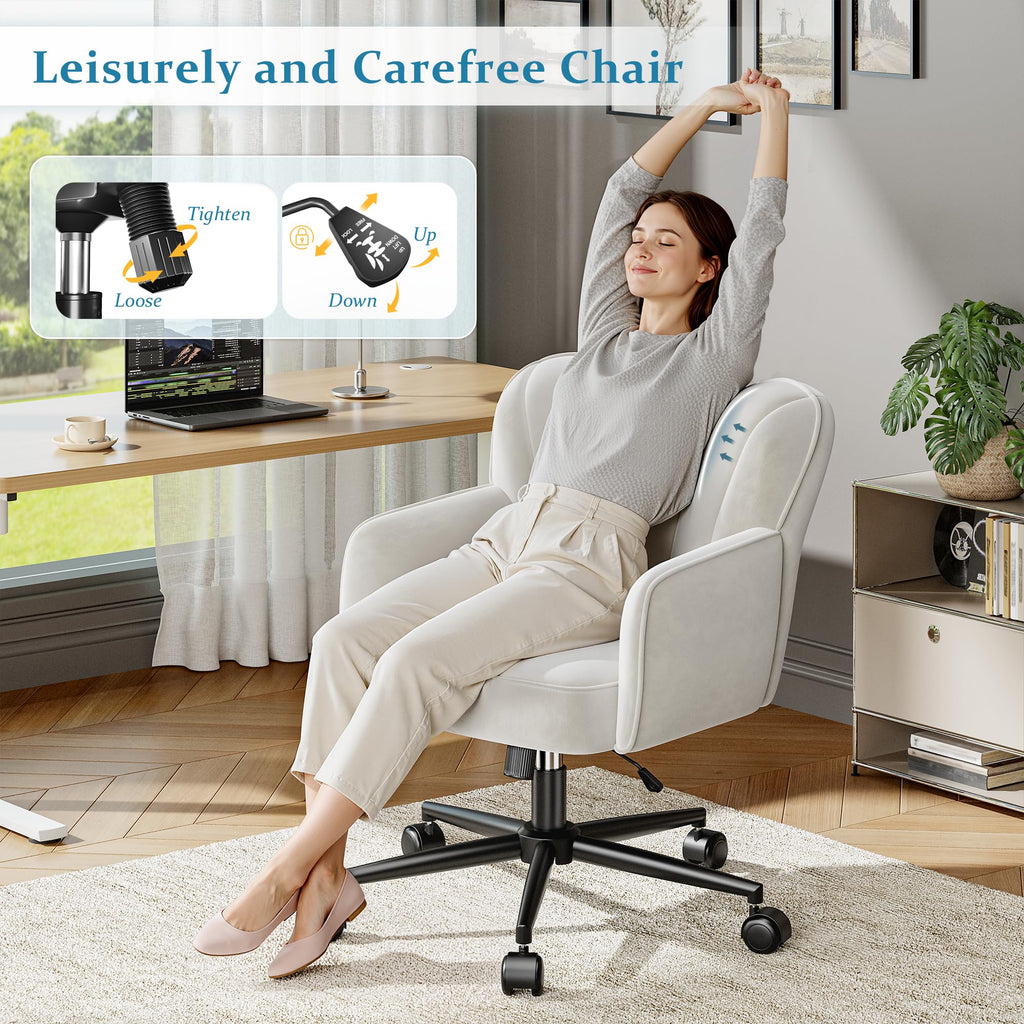 Vanity Chair with Wheels & White - Adjustable Height Makeup Chair, Plush Velvet Seat with Curved Backrest for Women