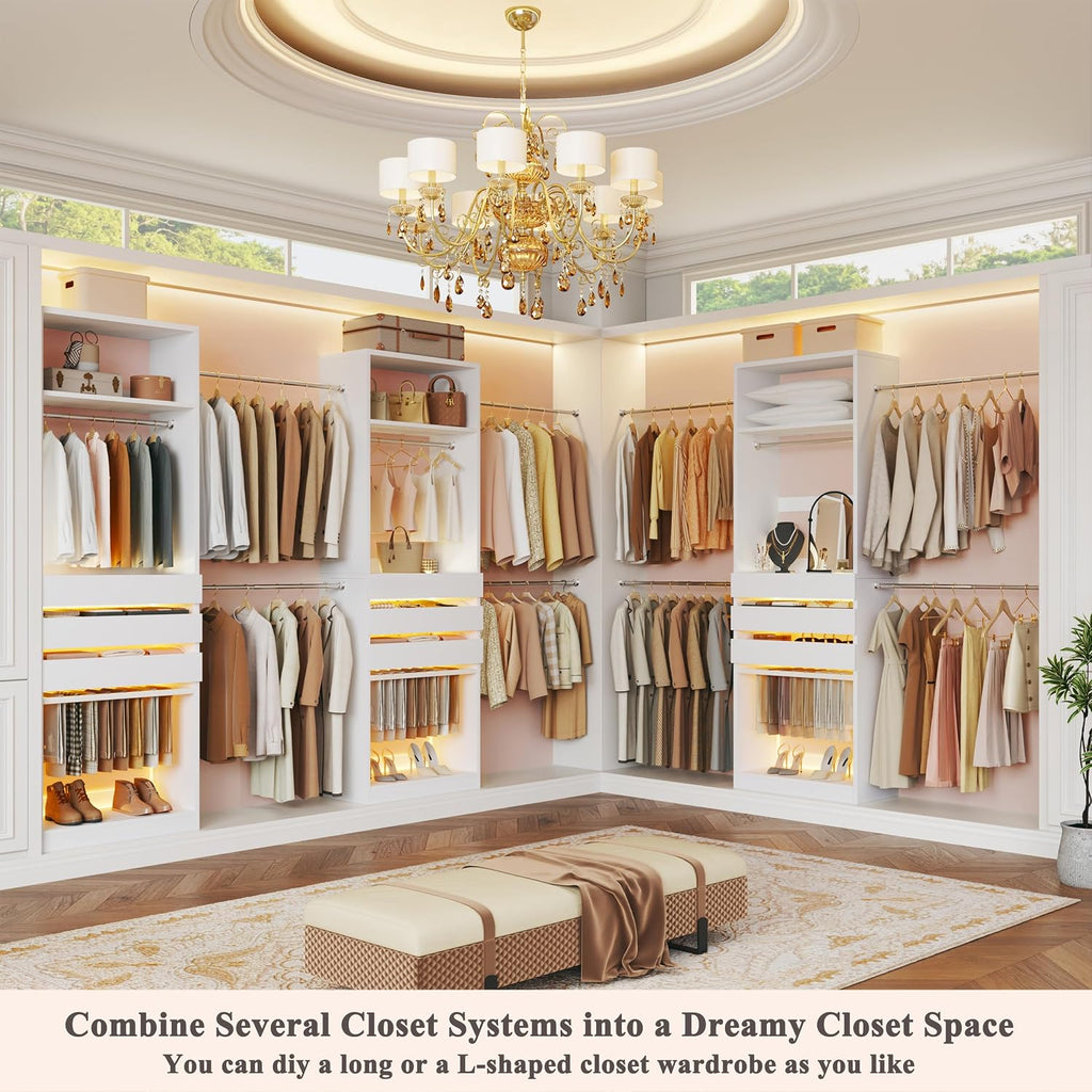 Closet System, 4-8FT Closet Organizer with 3 Wood Drawers & Glass Top, 102'' Walk in Closet with 5 Hang Rods & LED