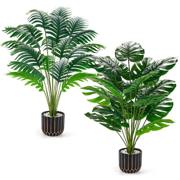 2 Pack 28" Fake Plants, Faux Palm and Monstera Decor