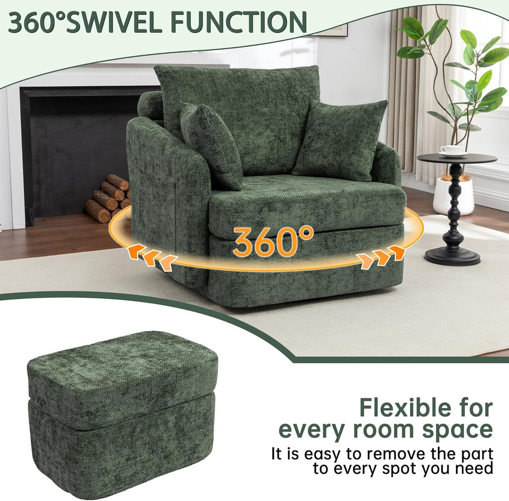 Modern Swivel Lounge Chair and Ottoman — Green Chenille