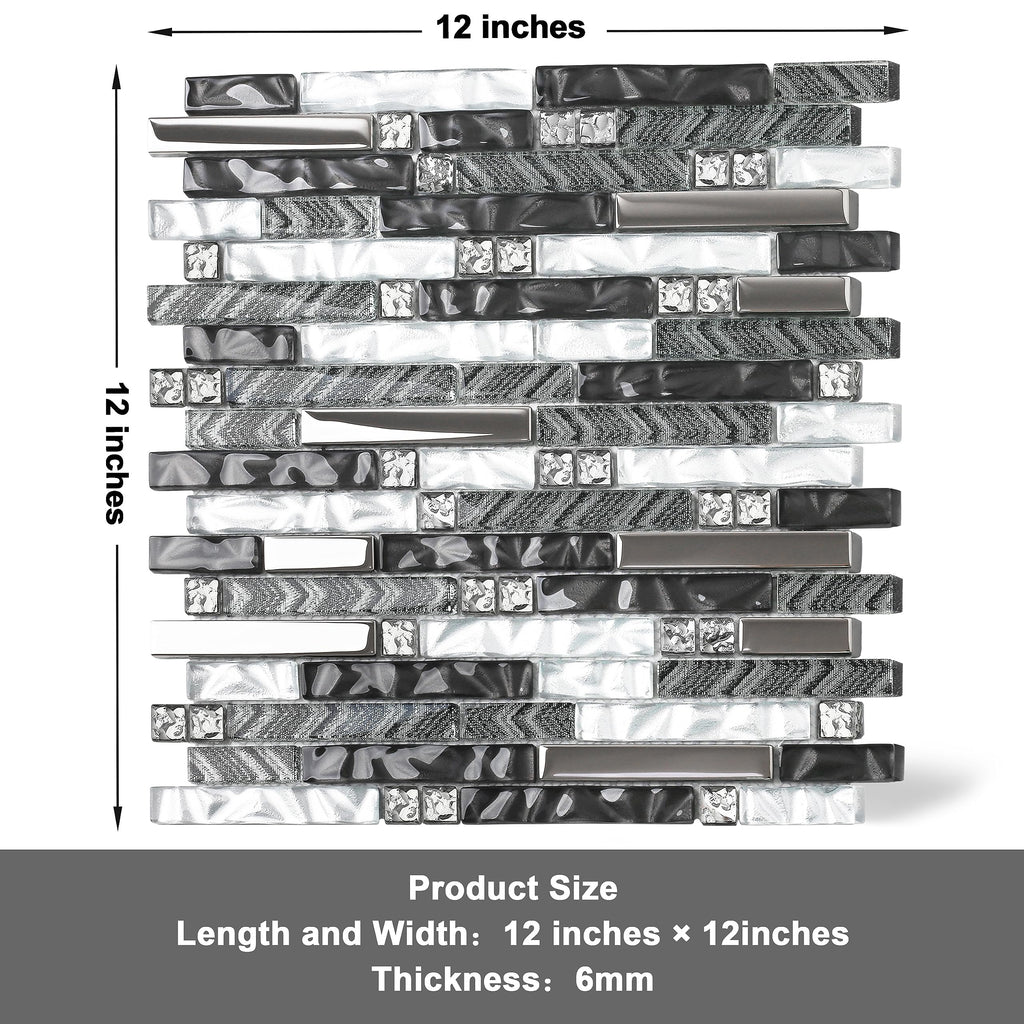 Black & White Glass Linear Tile Backsplash Bahtroom Wall Mosaic Sheets [Set of 5]