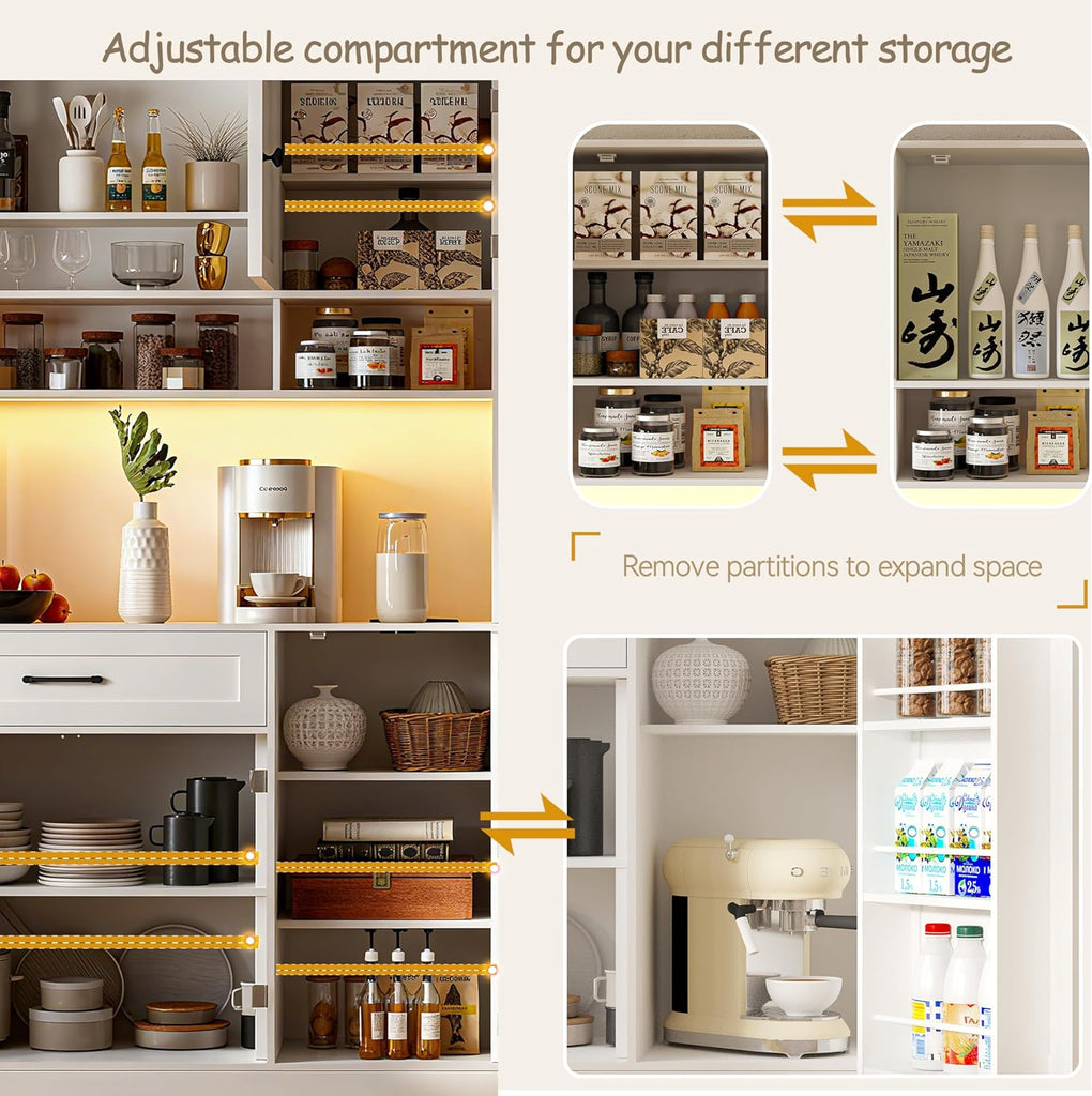 72" Kitchen Pantry Cabinet with LED Light and Charging Station Tall Pantry Storage Cabinet with Adjustable Shelves
