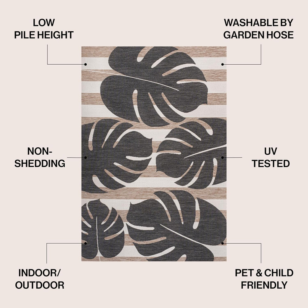 Beach Stripe and Monstera Leaf Indoor Outdoor Area Rug Black/Beige, Allison Classic for Backyard, Patio, Porch