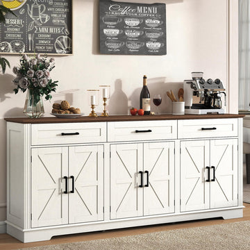 70" Farmhouse Buffet Cabinet with Storage 3 Drawers & 6 Barn Doors, White