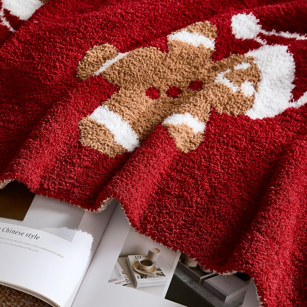 Christmas Throw Blanket Gingerbread Man Reversible Super Soft Knitted Blankets Couch Bed Sofa Microfiber Warm Cozy