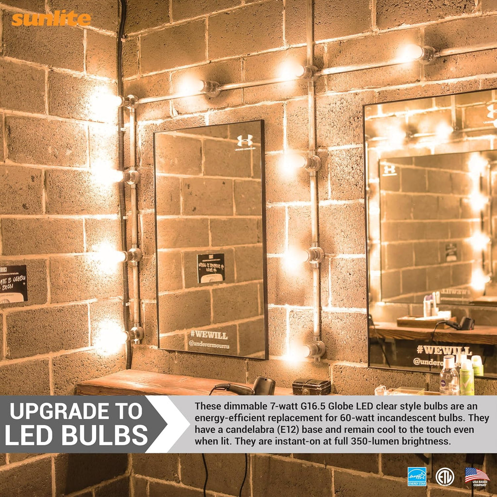 G16.5 Light Bulb LED, 7 Watts (60W Equiv.), 500 Lumens, Dimmable, Type G Globe Shape E12 Candelabra Base, Short Bulbs