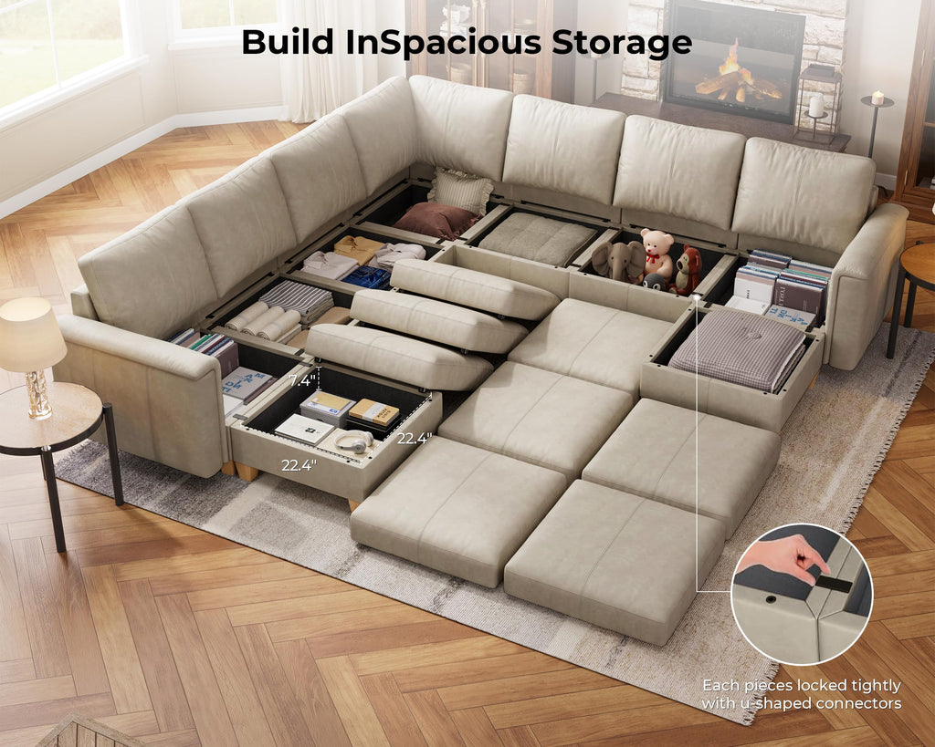 Faux Leather Sectional Sofa, 7 Seater V-Shaped Couch, Greige