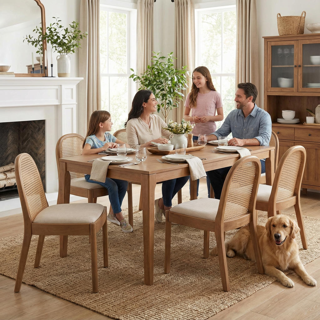 Modern Linen Dining Chairs Set of 6, Natural Woven Rattan Cane Back Side Chairs with Solid Wood Legs Mid Century