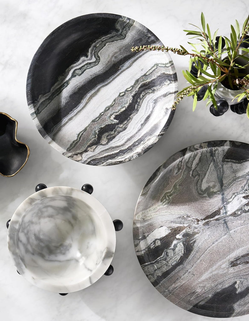 Borra Grey Marble Contemporary Decorative Bowl | Contemporary Centerpiece, Entryway Catchall, Black Marble Orb Accents
