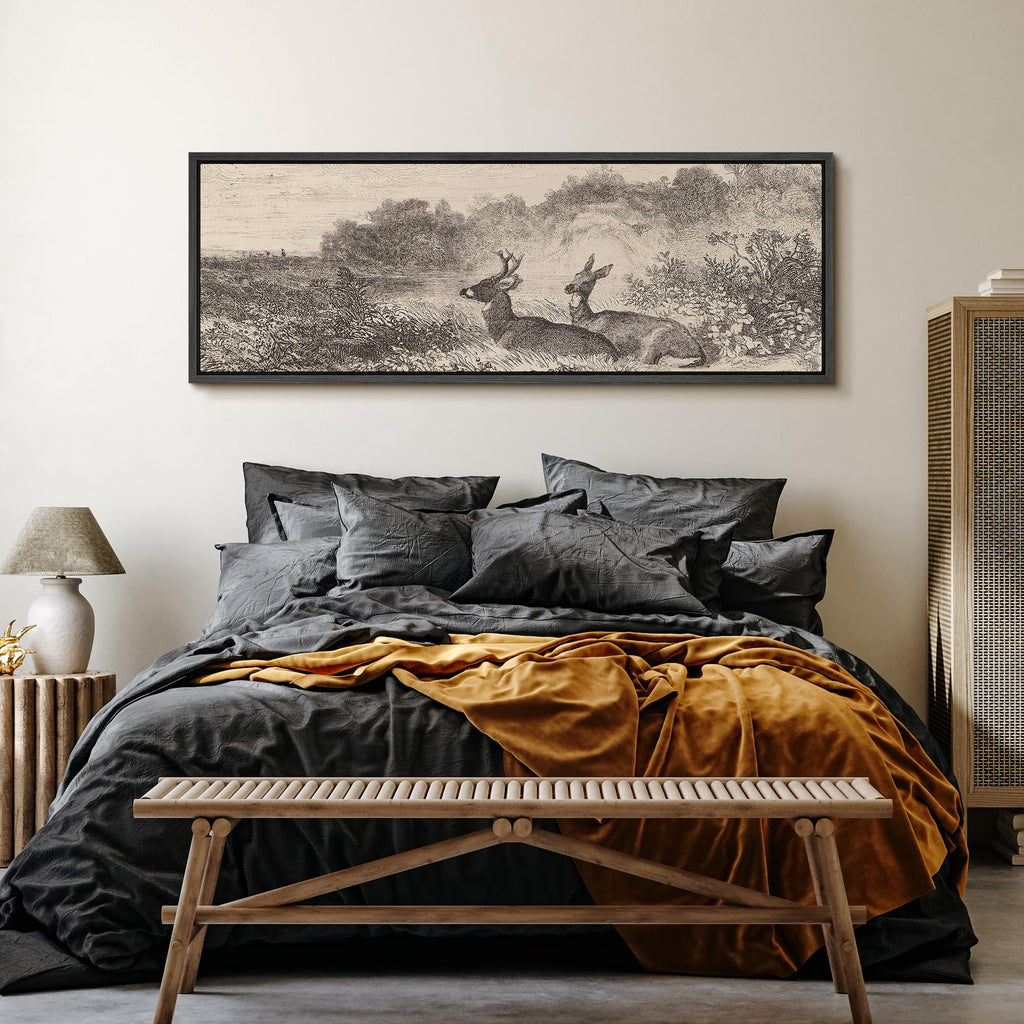 Large Framed Canvas Vintage Deer Meadow Landscape Illustrations Modern Art Calm Warm - 60"" x20