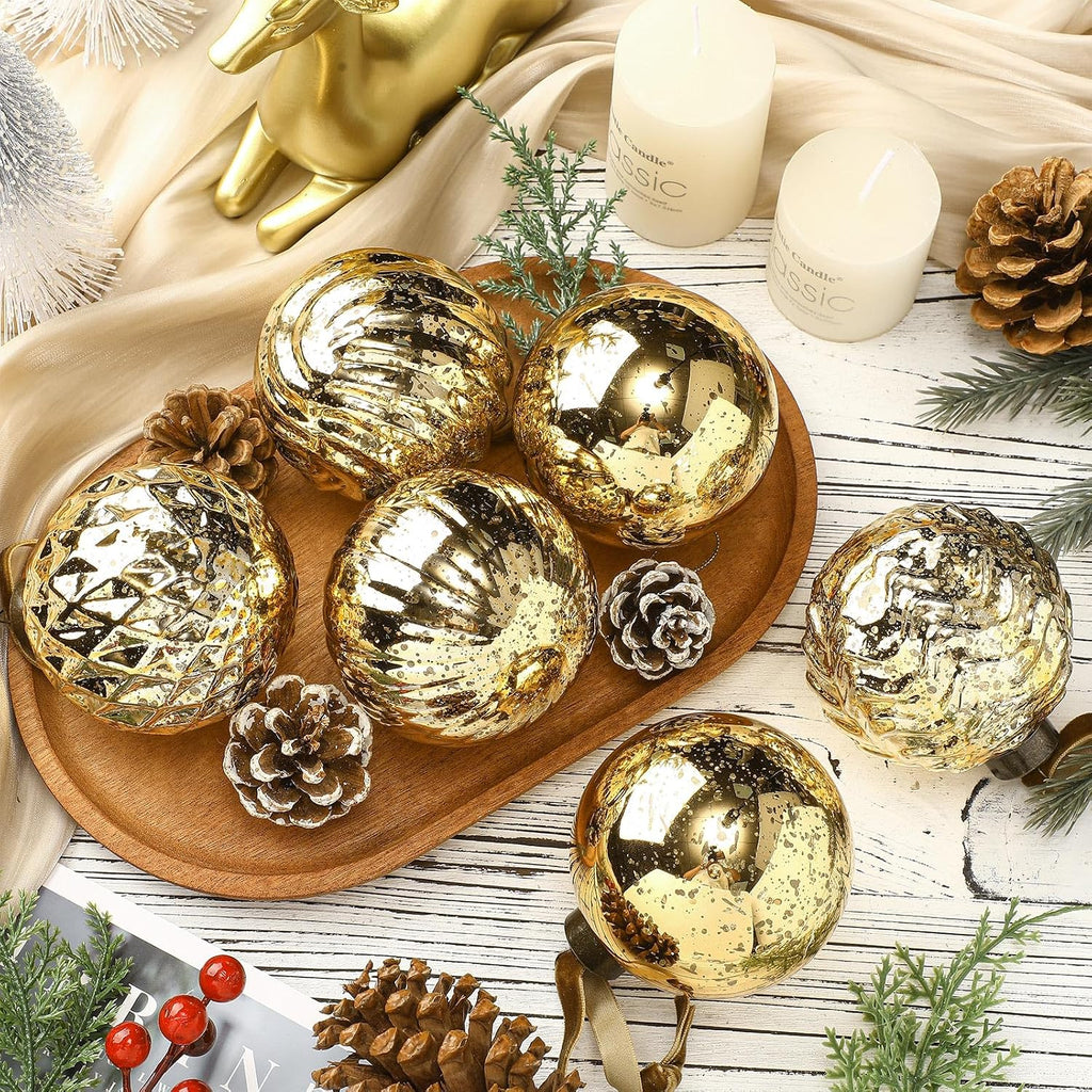 6 Pcs Gold Vintage Mercury Glass Christmas Ornaments 3.15 Inch