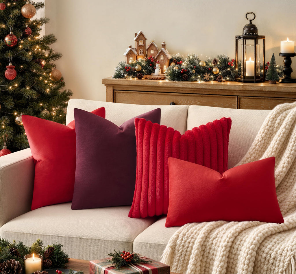 Pack of 2 Christmas Red Pillow Covers 20x20 Inch Decorative Faux Fur Throw Pillow Cover, Soft Lumbar Plush