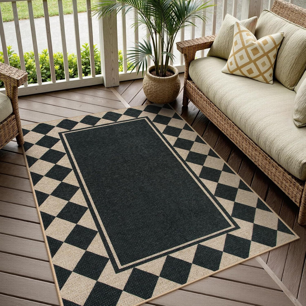 Easy Jute Indoor Outdoor Rug, Black Checkerboard Area Rug