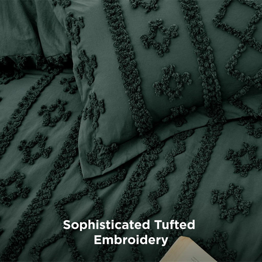 Tufted Boho Comforter Set Twin, Bedroom Decor Bedding Set Dark Green