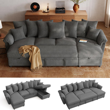 Sectional Couch with Pull Out Bed, Large Corduroy Modular Sleeper Sofa, Storage Chaise, Wide Armrest, 118" 4 Seats