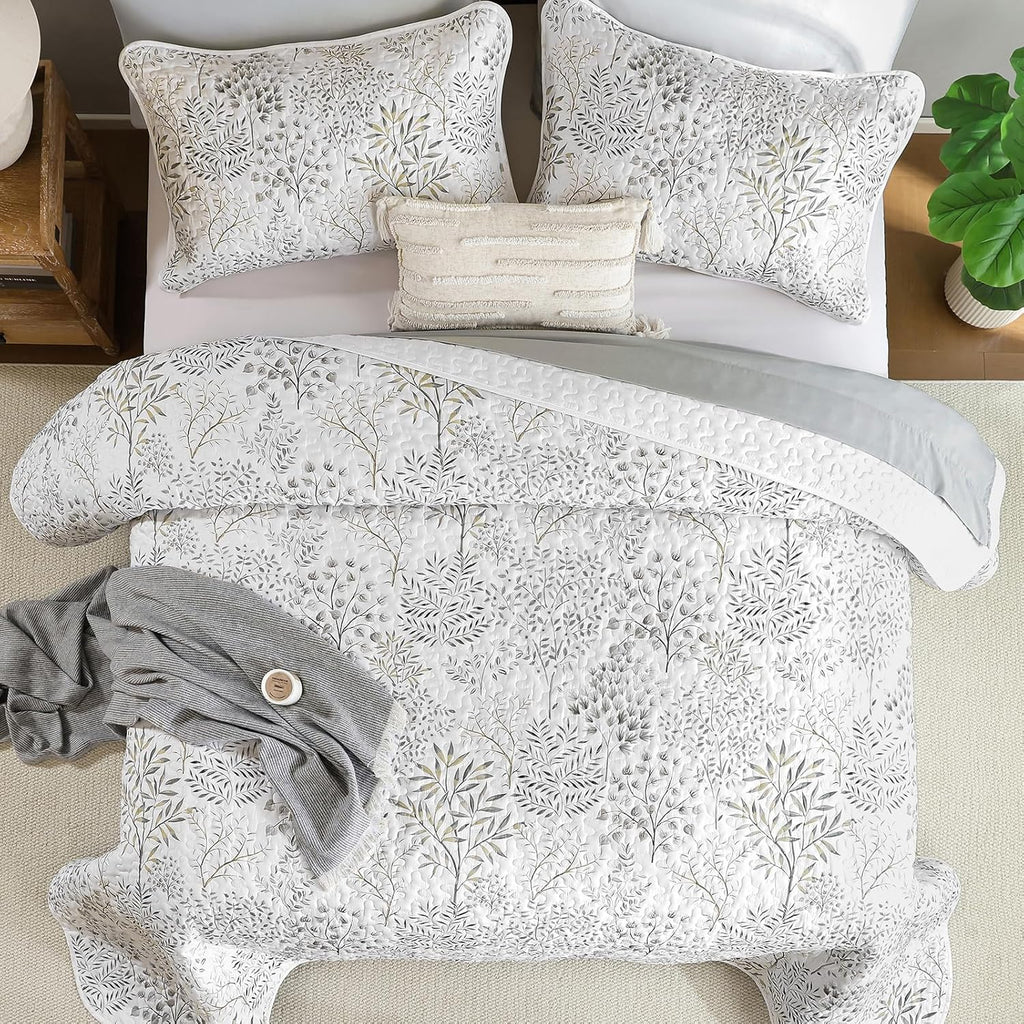 King Quilt Set, 3 Pieces White Floral Bedspread Coverlet Set, Farmhouse Botanical Bedspreads Bed Cover,Soft