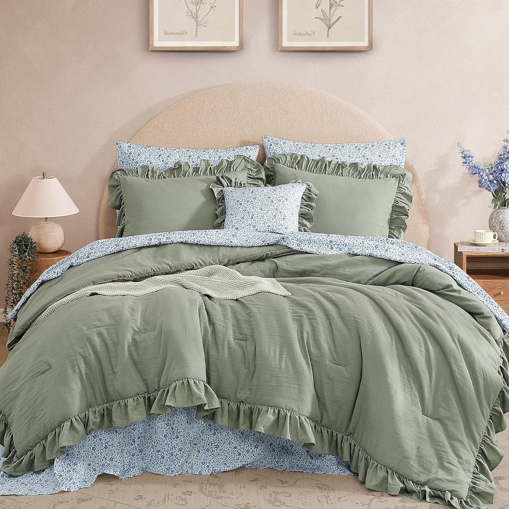 Queen Comforter Set - 7 Pieces Ruffle Sage Green Bedding Sets