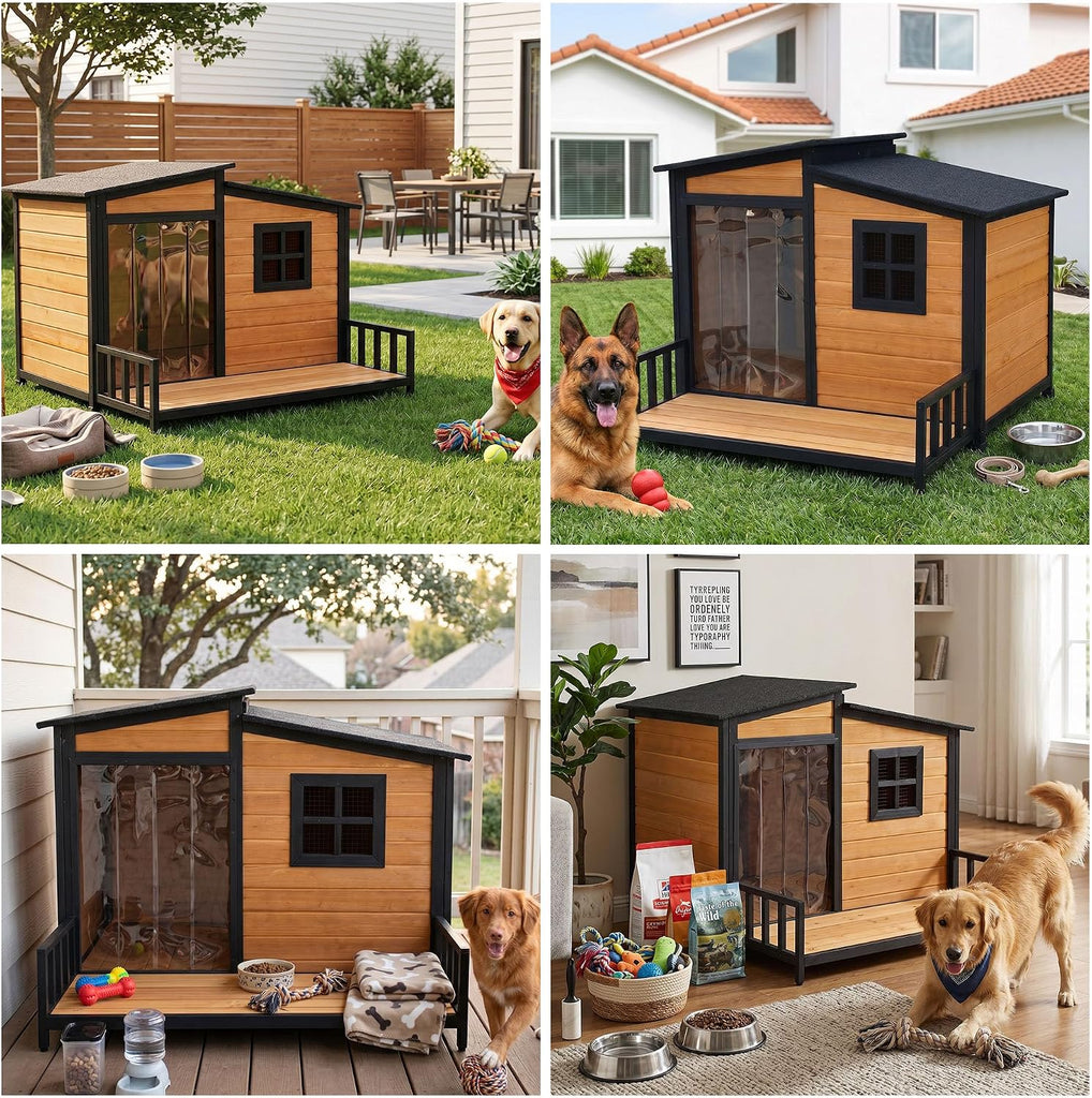 44" Anti-Chew Large Outdoor Dog House, Wooden Iron Frame for Med-Large Dogs