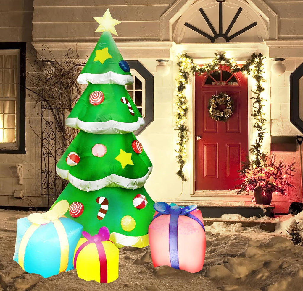 7FT Tall Christmas Inflatables Tree Outdoor Decoration, Giant Christmas Inflatable Tree with 3 Gift Boxes with