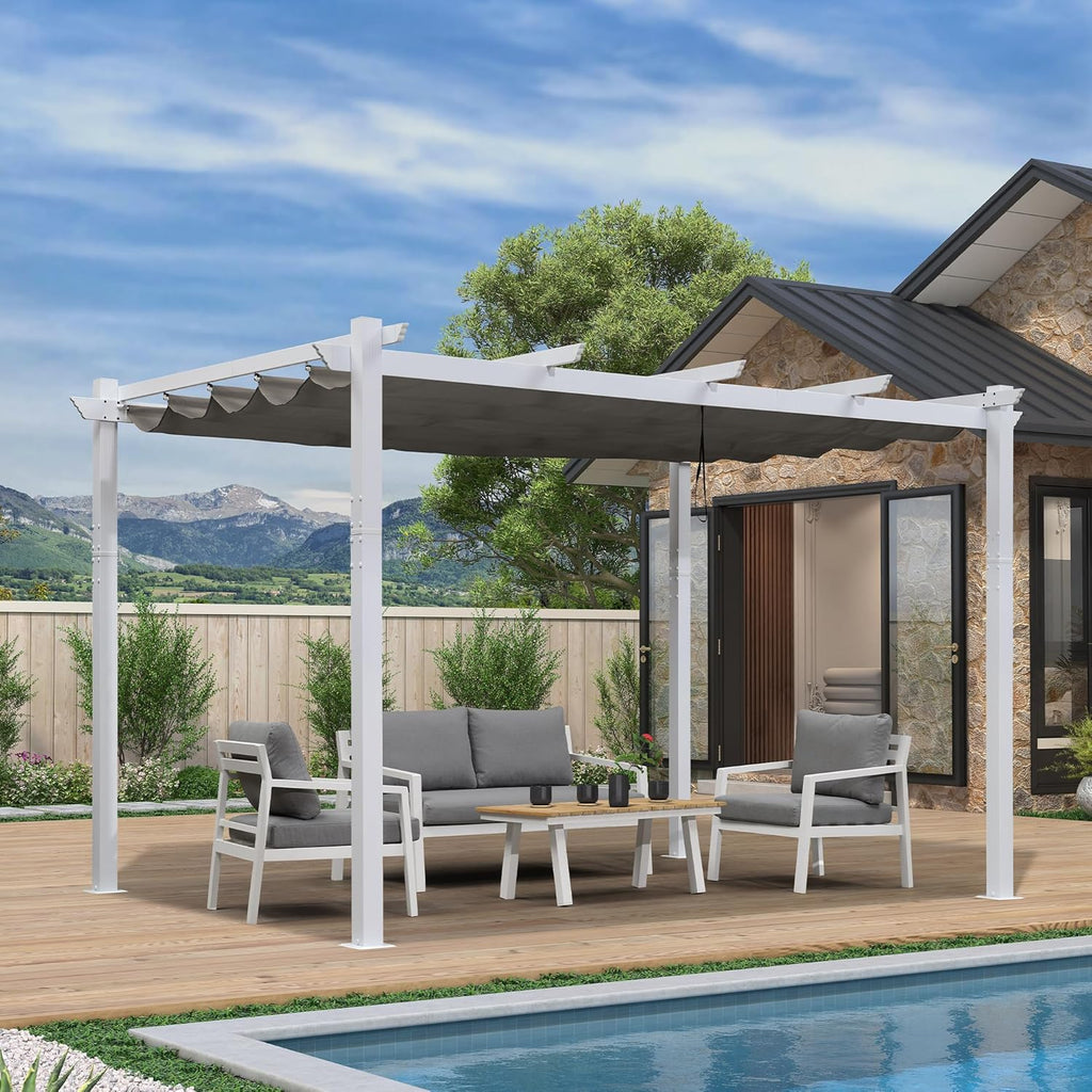 10' x 13' Outdoor Retractable Pergola Heavy-Duty Aluminum White Pergola with Sun Shade Canopy Patio Modern Shelter for